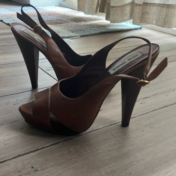 Steve Madden X Revolve leather Cognac platform sling back heels 8 - Picture 11 of 12